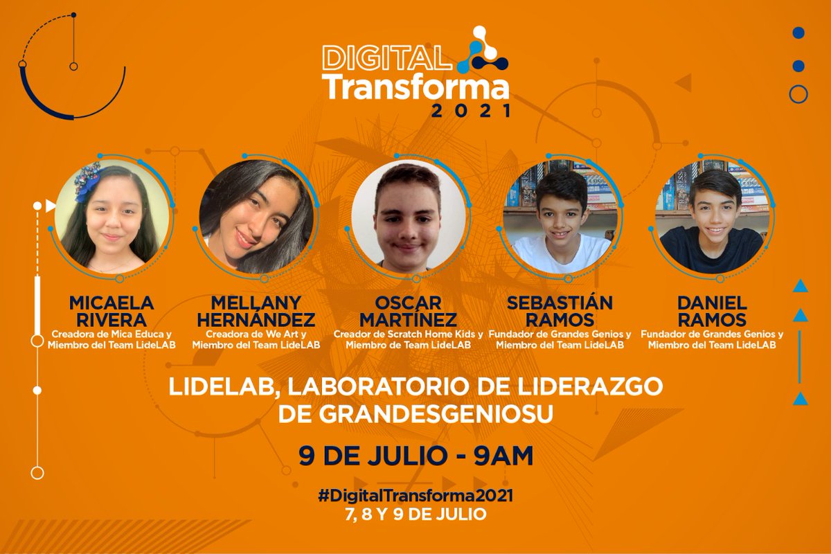 GrandesGenios's tweet photo. El #LideLAB es una de las iniciativas que más nos enorgullecen en Grandes Genios. Cinco de sus integrantes compartirán en #DigitalTransforma2021 sus experiencias de aprendizaje: Óscar Martínez @micaelariveraof @MellHernandezP @SebasGokan y @DanyExplog https://t.co/o3TGk8JgsU