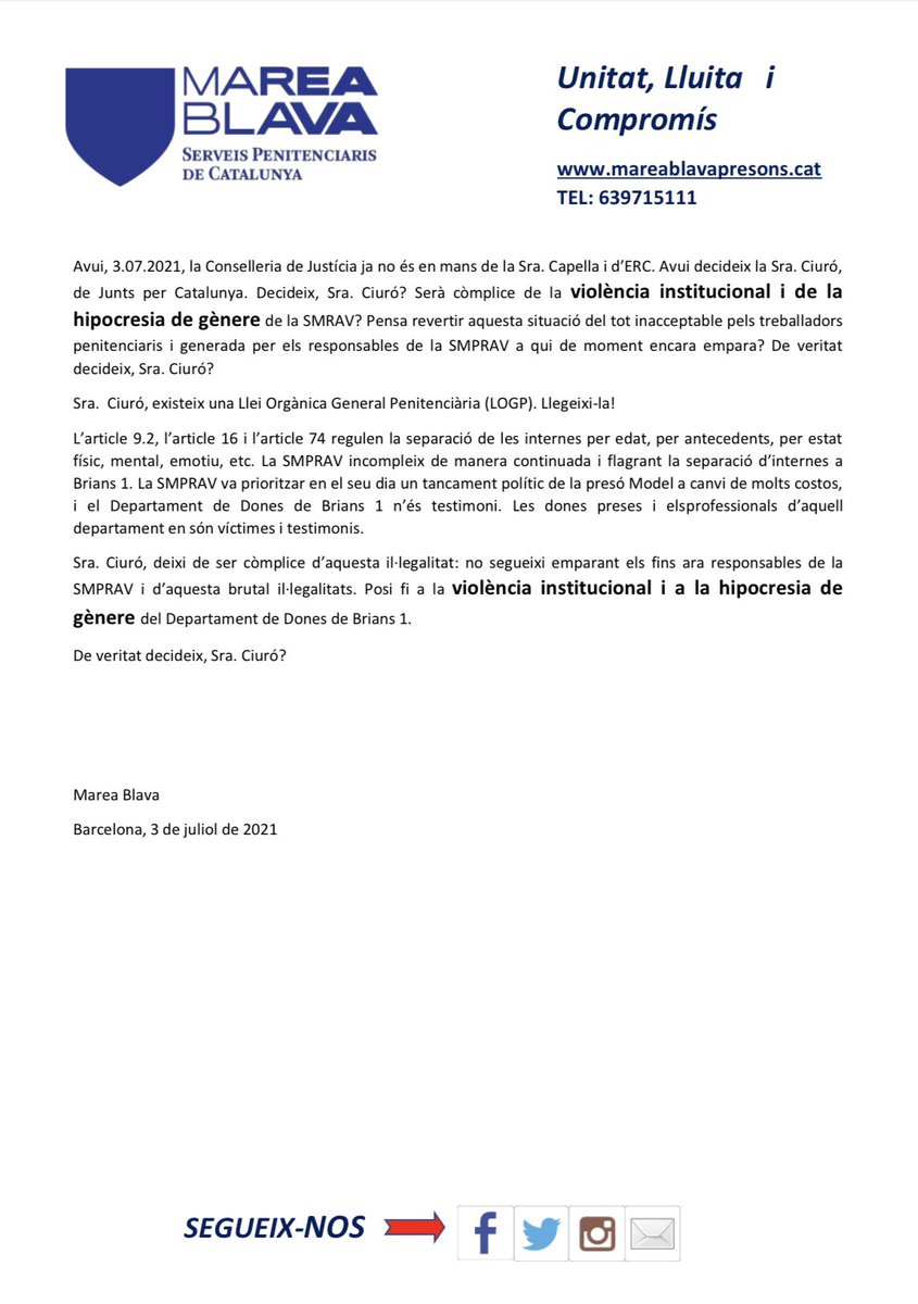 <a href="/justiciacat/">Justícia</a> <a href="/lciuro/">Lourdes Ciuro</a> <a href="/acaldero2/">Amand Calderó</a> Aquest no és un “comunicat groc”. Aquest és un comunicat que vol recordar, un cop més, la pèssima gestió de la SMPRAV respecte de les dones preses, i en particular d’aquelles més vulnerables.
