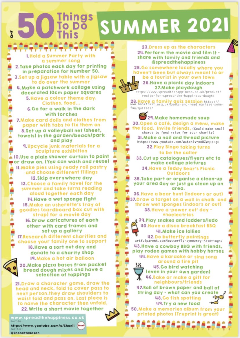 ShonetteBason's tweet image. Let’s get children moving and excited for summer with 50 things to do this summer. #spreadthehappiness