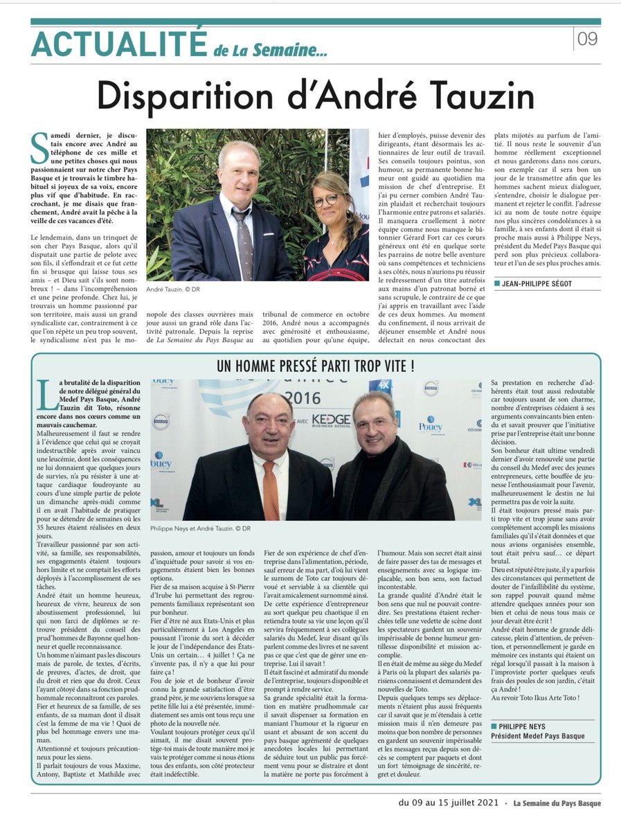 Bel hommage rendu par La Semaine du Pays Basque à notre ami et délégué général du medef pays basque