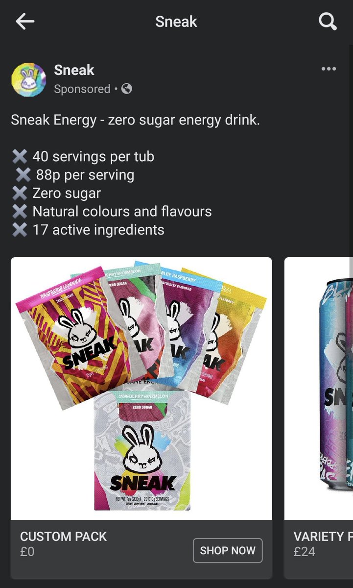Chris90855's tweet photo. You may want to have a chat with Facebook about your ads, as I don't think your custom packs are supposed to be free.  @SneakEnergy https://t.co/ZRxGxV7PjU