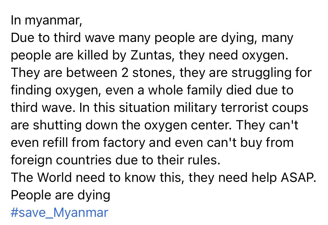 NwayOo0's tweet photo. #weneedhelpforCovid19
#weneedO2
#WhatsHappeningInMyanmar 
@freya_cole @RapporteurUn @UNinMyanmar @cape_diamond https://t.co/gMpjZgaJbb
