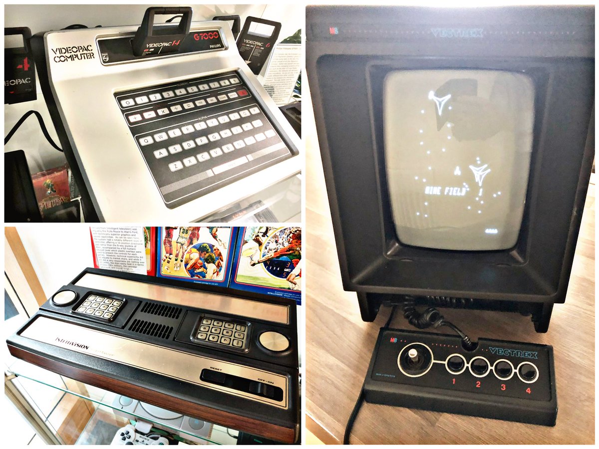 SWRetroComp's tweet photo. Today’s #RetroTrio offers you the #Mattel #Intellivision, #Philips #Videopac and #MBElectronics #Vectrex. Which will you keep, gift to a friend and delete forever? #RetroComputing #ComputerHistory #RetroGaming #VideoGames https://t.co/TPtCkqg1G9