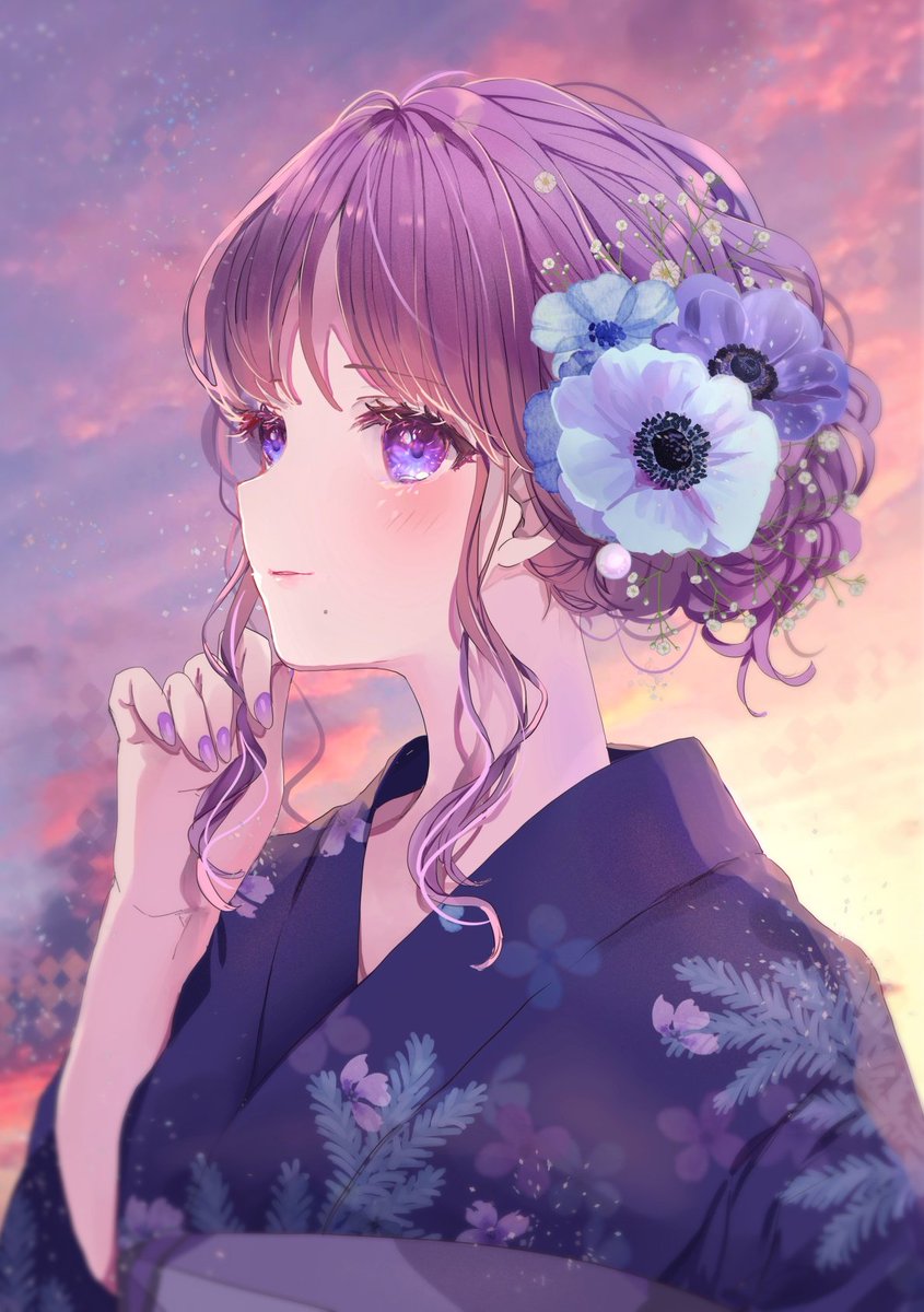 1girl flower japanese clothes hair flower solo kimono hair ornament  illustration images