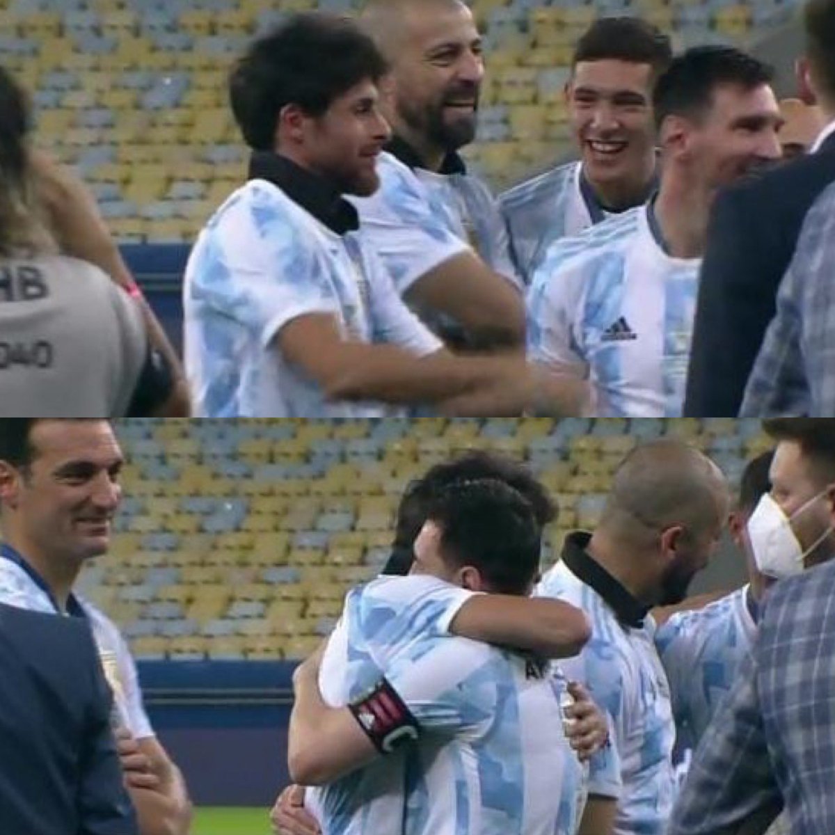 Juezcentral's tweet photo. Una imagen que no se puede dejar pasar. El abrazo de Lionel con su ídolo, Pablo Aimar, que hace parte del cuerpo técnico de Argentina. Pablito había sido el autor del último gol de Argentina en una final, hace 16 años en Copa Confederaciones. Dos grandes. https://t.co/fgMRQshsWw