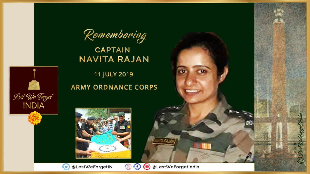 #LestWeforgetIndia🇮🇳 Capt Navita Rajan, #ArmyOrdnanceCorps, lost her life #OnThisDay 11 July in 2019 in an accident
Travelling to Jammu from Udhampur, her vehicle skidded off the road near Jib Morh on the National Highway.
Remember the #IndianBrave's service to the Nation always