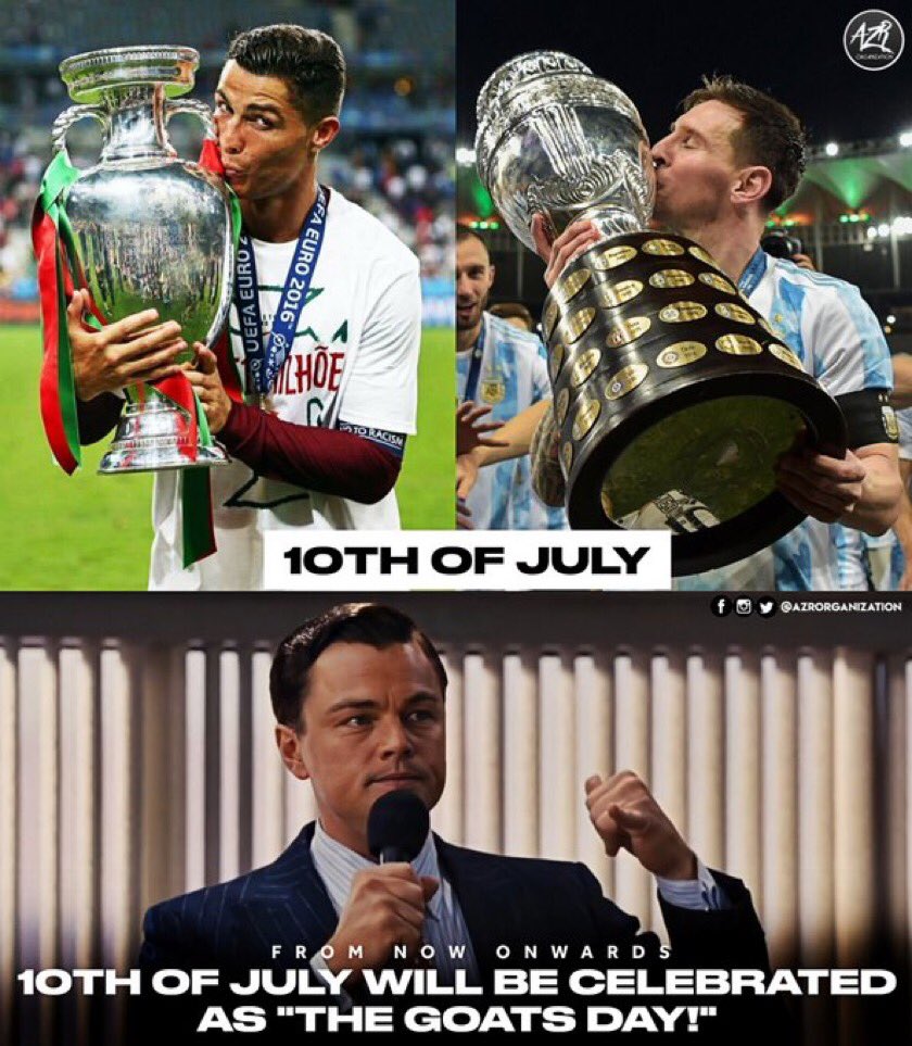 AZ_dubs_madrid's tweet photo. Ronaldo Wins the Euro : 10/7/2016
Messi Wins the Copa : 10/7/2021

Jersey Numbers of LM10 &amp; CR7 : 10/7

Both defeated the host nation in the final

It’s not a coincidence it’s destiny https://t.co/i2qs971IQv