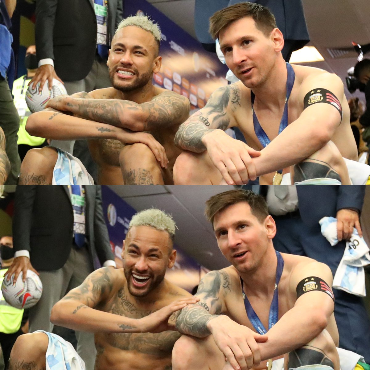 InvictosSomos's tweet photo. Y cuando la premiación terminó, Lionel Messi y Neymar Júnior se pusieron a charlar en pleno pasillo. Como si estuvieran en el barrio. Como si la reta hubiera finalizado. Hoy fueron rivales, pero la amistad y el cariño es para toda la vida. HERMANOS DEL FÚTBOL. https://t.co/GaMSkypeTt