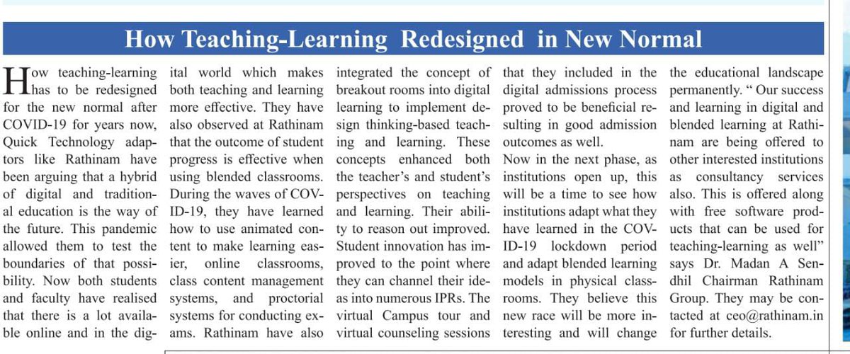 rathinamgroups's tweet photo. Our @rathinamgroups chairman's @MadanUpdates Interview with @CovaiMail publication

How Teaching &amp; Redesigned in New Normal

🎓🏫💻🖥️🌍🌐 https://t.co/YaEinJC4Ta