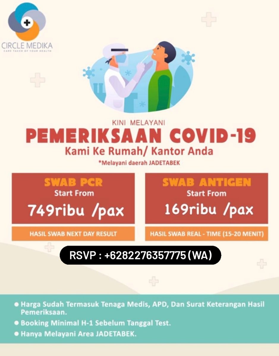 tarotbyyaya's tweet image. untuk daerah JADETABEK yang butuh layanan swab home service, silahkan hubungi nomor ini ya 👍🏻
ga perlu keluar rumah, ga perlu ngantri dan harga terjangkau 👌🏻

#SwabTest #swabjakarta #antigenjakarta #pcrjakarta #jadetabek #dirumahsaja #swabhomeservice