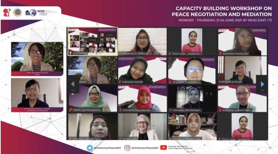 SEAWomenPeaceNM's tweet photo. Session 8 titled Gender Considerations in Peace Processes &amp; in the Substance of an Agreement was held 24/6. Prof @mcoronelferrer emphasized the importance of women's participation for equal rights &amp; an inclusive peace process. 
The session was moderated by Irine Hiraswari Gayatri https://t.co/Wba0z4RSuz