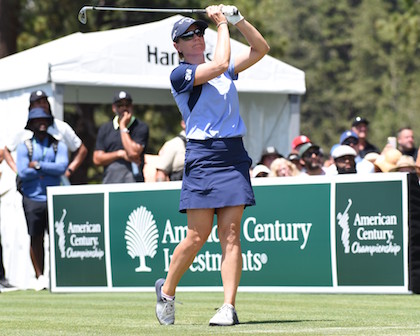 SouthTahoeNow's tweet photo. It was a hot one on the course today during round  2 of the @ACChampionship at #LakeTahoe. #JohnSmoltz is in the lead, followed by #VinnyDelNegro @JackWagnerhpk and @ANNIKA59 - exciting final round action on @NBCSports on Sunday.  https://t.co/97zhwCpcnu https://t.co/yViCEvllOs