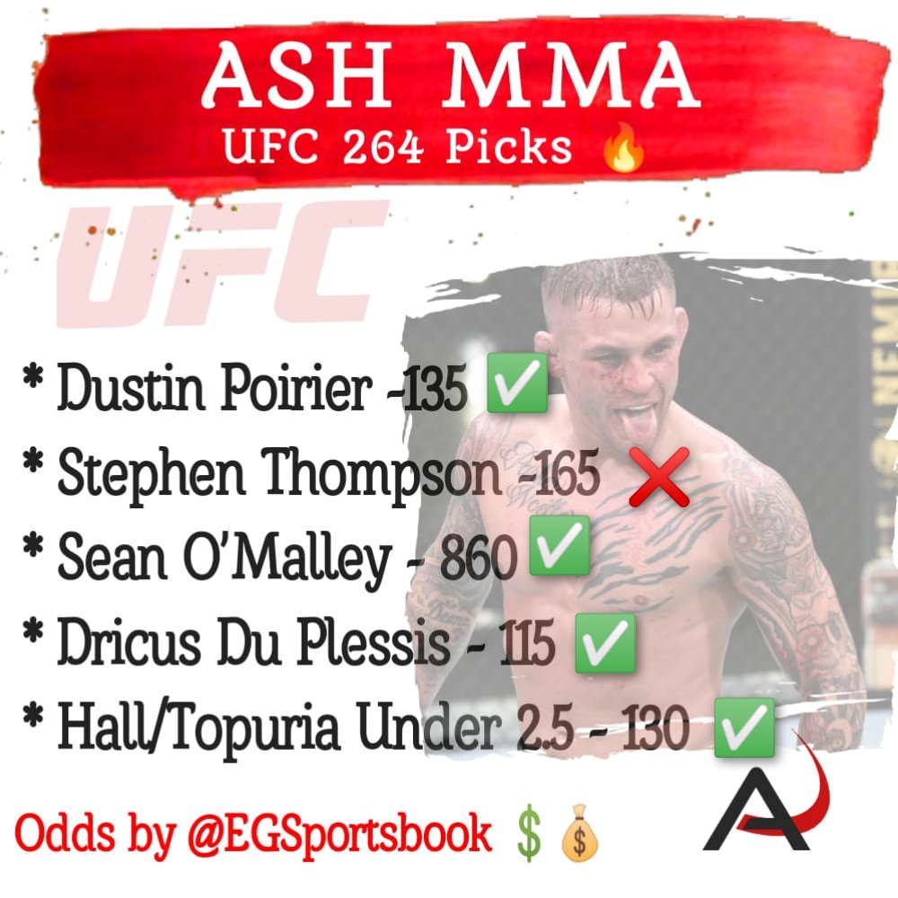 AshMMA2's tweet image. 4 out of 5, not a bad night 🤑💸💰#UFC264 #GamblingTwitter #bettingtips #MMA #MMATwitter #UFCESPN #UFC #FreePicks #DustinPoirier #ConorMcGregor #UFC264picks
