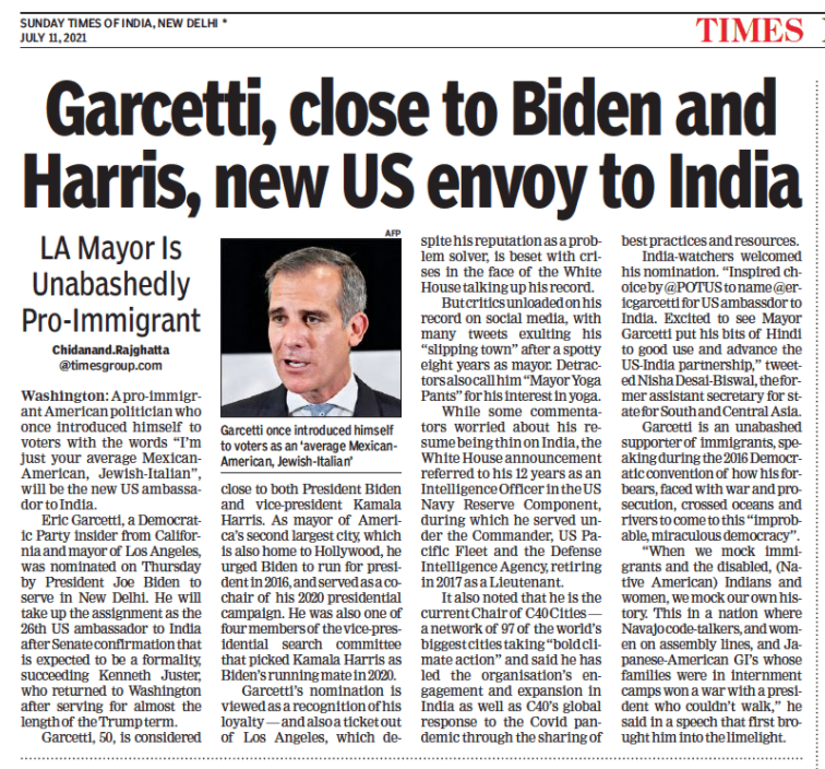 Susanta1968's tweet photo. LA Mayor @ericgarcetti to be new US Envoy to India. He being current chairman of #C40 can foster Indo-US collaboration on renewable energy addressing climate change. Hollywood-Indian cinema can come closer. He's #Yoga enthusiast. Expect closer Indo-US ties.@POTUS;@PMOIndia https://t.co/69BQ8WEbLq