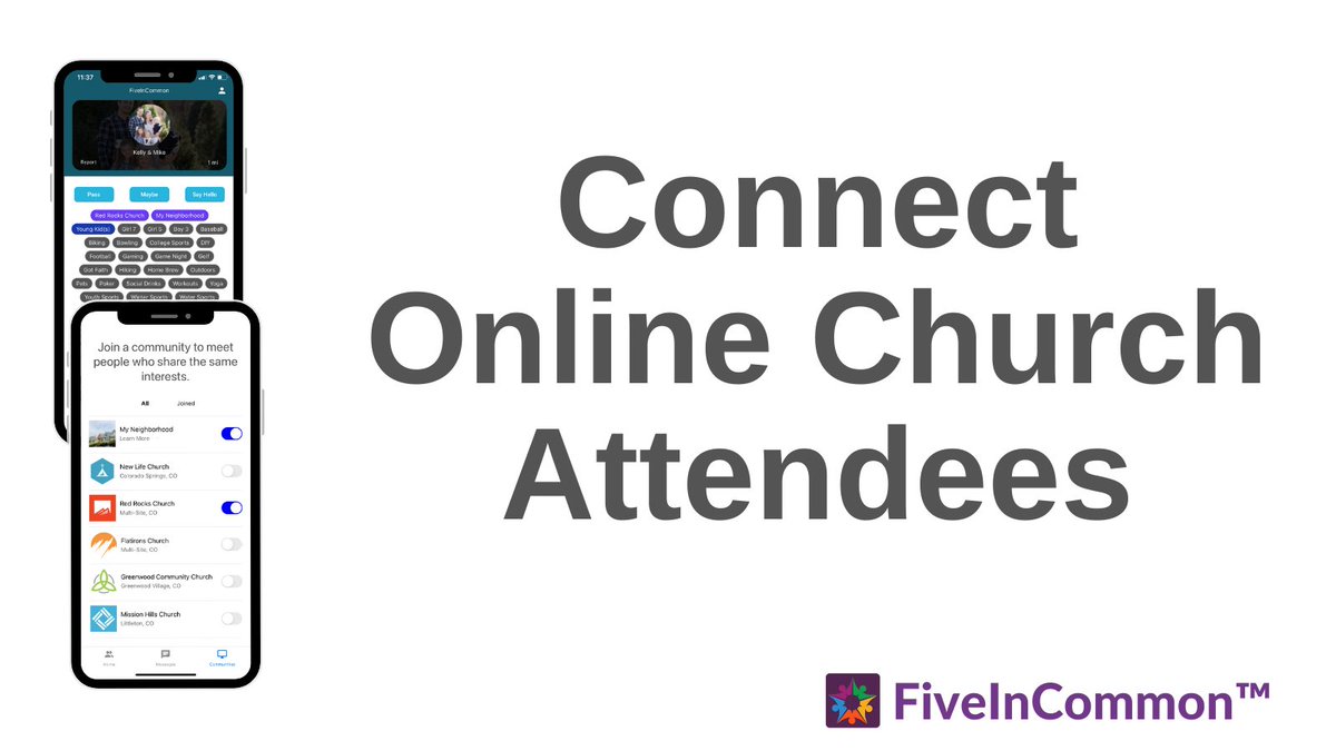 fiveincommon's tweet image. A new app.  For guest &amp;amp; attendee online connections.  Get introduced to attendees with similar interests.  Create a profile. Join a church community.  FiveInCommon.com/church