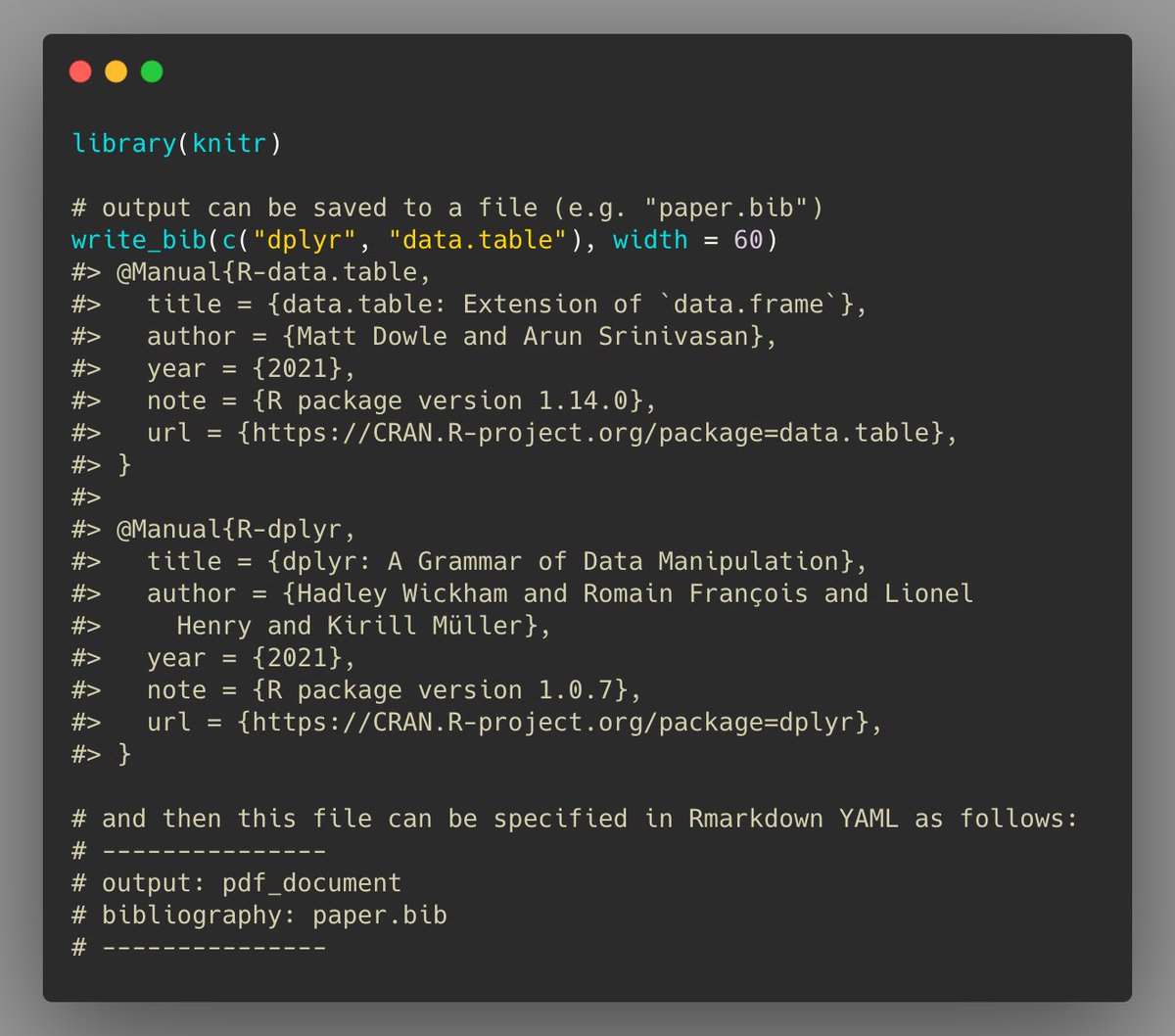 If you are writing manuscripts in RMarkdown, you may wish to auto-generate citations for all R packages used in the document. ✍️

The {write_bib} function from {knitr} 📦 does exactly this! 📄

rdrr.io/cran/knitr/man…

#rstats #DataScience
