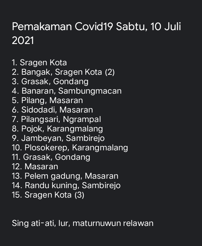 indra_agusta's tweet photo. Sabtu, 10 Juli 2021 ada 15 pemakaman, karena tim kelelahan dilanjutkan hari ini.  Jarak yang sangat jauh masaran-sambungmacan-sambirejo, 

Ati-ati lur #Sragen.
Maturnuwun relawan .. https://t.co/n1cbJtAxVU