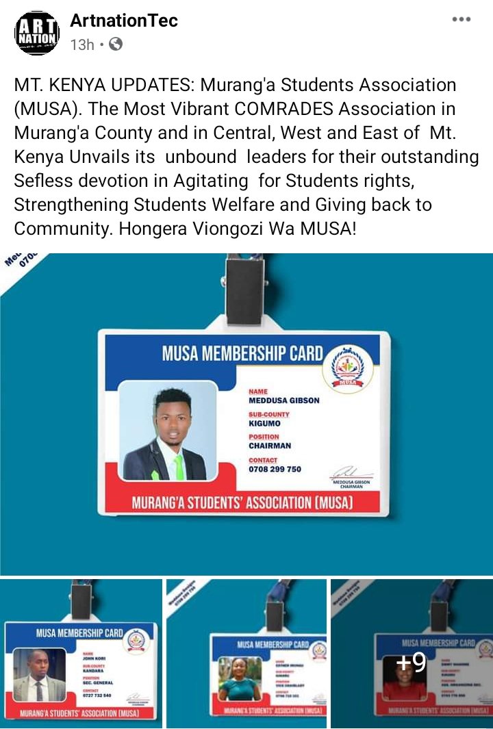 MT. KENYA BREAKING NEWS: Murang'a Students Association (MUSA). The Most Vibrant COMRADES Association in Murang'a County and in Central, West and East of  Mt. Kenya Unvails its unbound  leaders for their outstanding Sefless devotion in Agitating  for Students rights. Hongera🤜