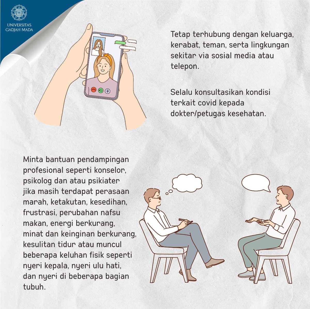 UGMYogyakarta's tweet image. Berikut Kawan UGM beberapa tips menjaga kesehatan mental selama isolasi mandiri. Selalu semangat ya!