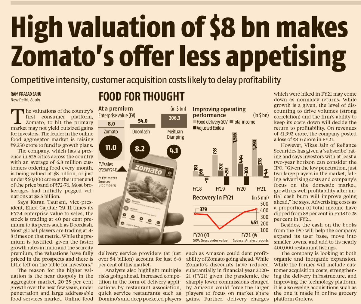 ValueNiveshak's tweet photo. To justify a forward P/E (I don't know how much forward) of 100, it will at some future date need to report a PAT of around Rs. 600 Cr.
#InvertAlwaysInvert #JustSaying #RandomMusings #ZomatoIPO #NotApplying https://t.co/Fj0CyhRGo5
