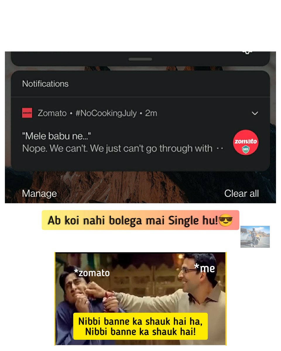 BaivawBharadwaj's tweet image. Chalo at least mummy ke alawa ab kisi aur ko bhi mere khane ki chinta hai.🥲😅🙏Right @zomatoin ?
#Zomato #zomatoindia #nibbimemes #dailymemes