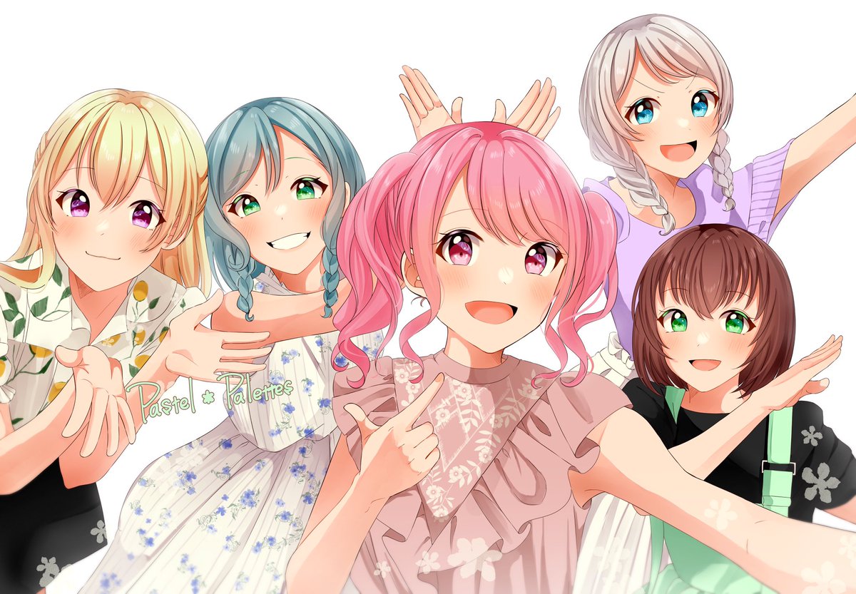 hikawa hina ,maruyama aya ,shirasagi chisato multiple girls green eyes 5girls blonde hair pink hair twin braids smile  illustration images