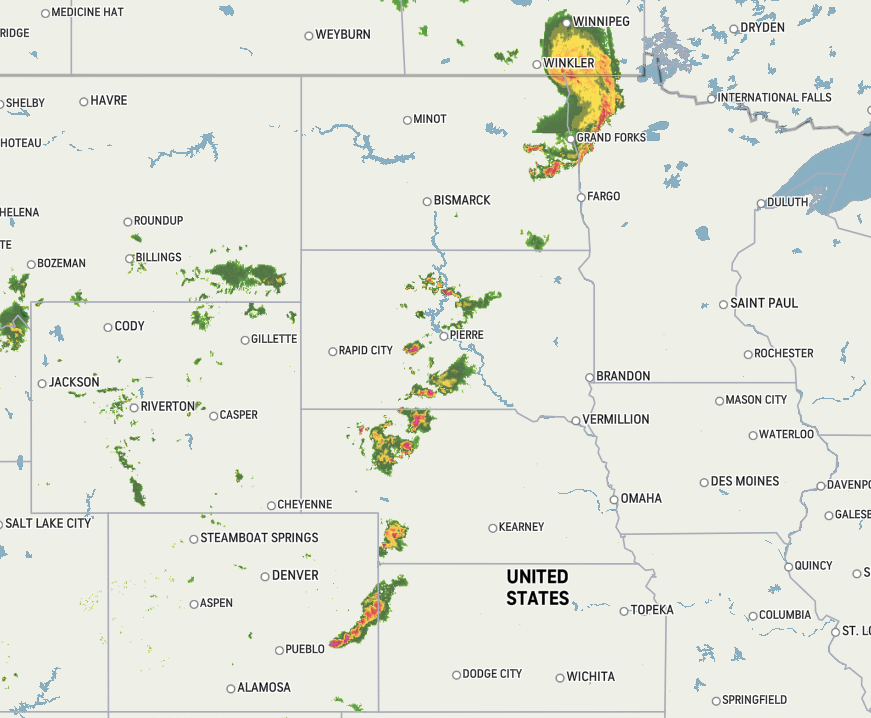 A line of strong to severe thunderstorms stretches from Minnesota to Colorado on Saturday night, dropping up to golf ball-sized hail: https://t.co/BNPECGRxNL https://t.co/Xe1Lw03Cfa