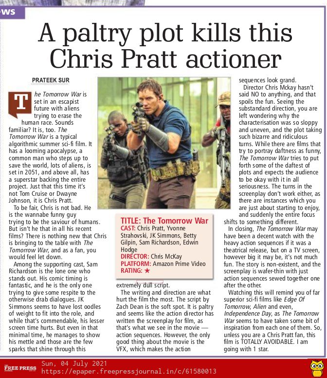 #TheTomorrowWarReview: A paltry plot kills this Chris Pratt actioner; reports @iPrats freepressjournal.in/entertainment/…