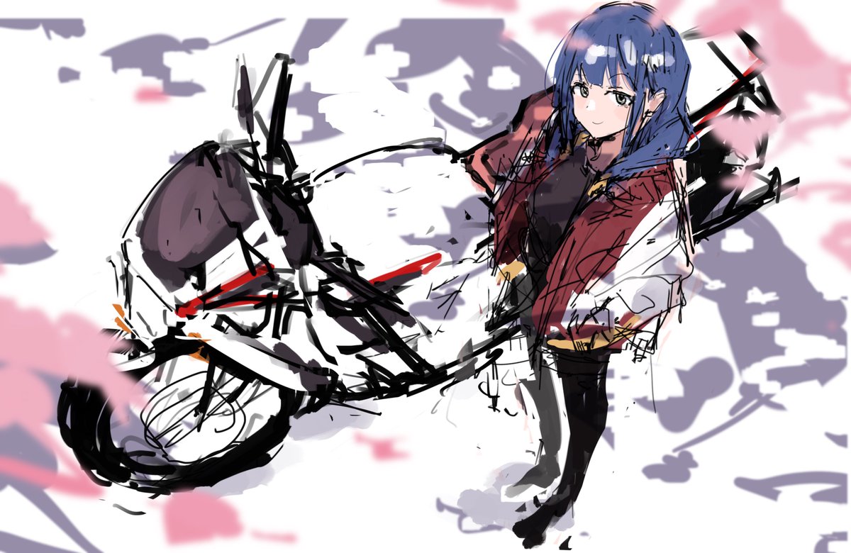 1girl ground vehicle solo motorcycle blue hair sketch motor vehicle  illustration images