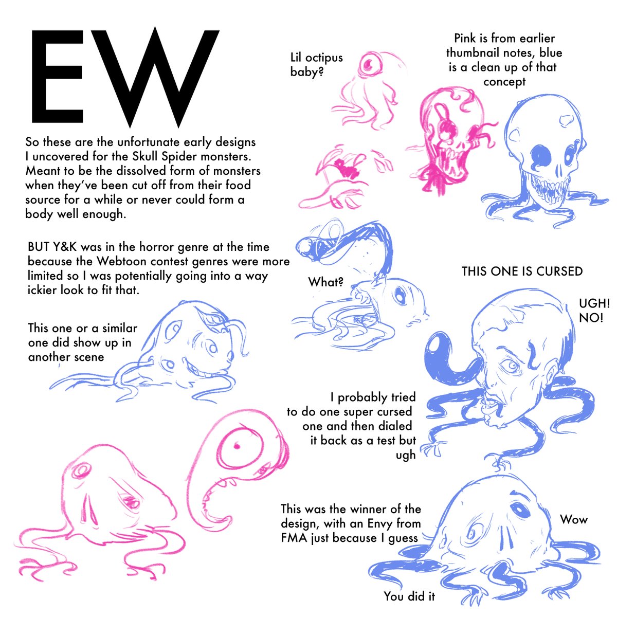 Monster concepts, my background palettes, and some early color tests for my original Webtoon pitch. I'm not great at creature design so it was daunting to come up with the monsters for this comic but somehow I ended up liking the early sketches I made. Some are very cursed tho 