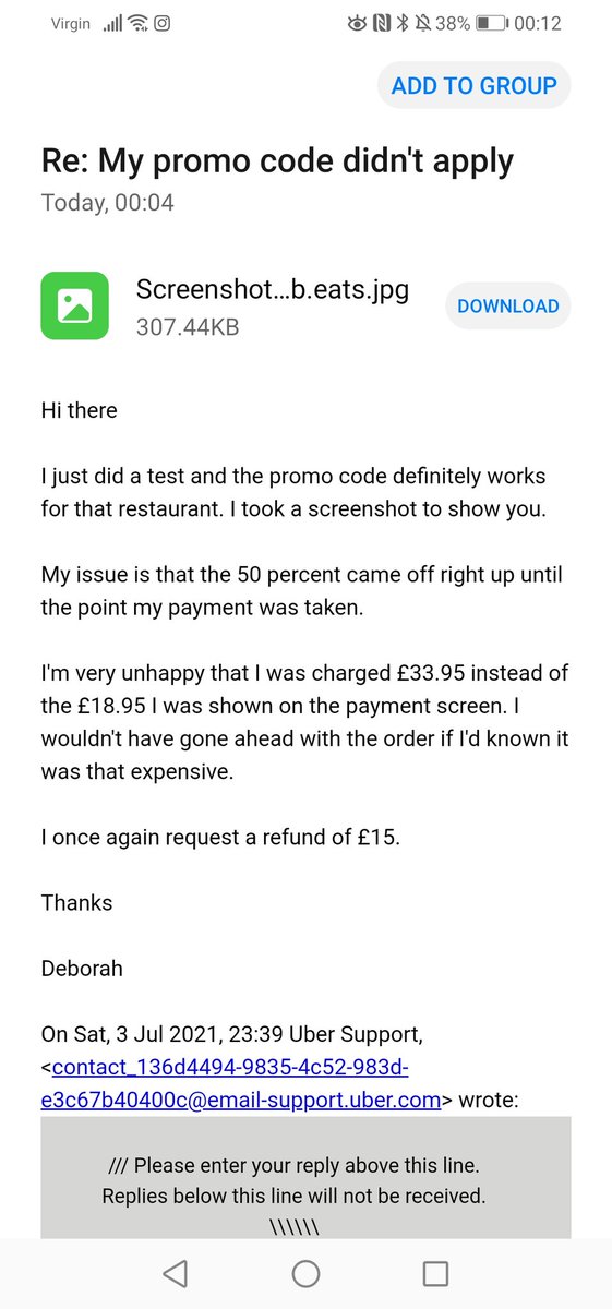 DeborahEvans86's tweet photo. @UberEats I wrote this email in response to someone telling me the promo code didn't work for the restaurant. I received the following response. And no I don't understand. Terrible customer service. https://t.co/GIHI9q18Cc