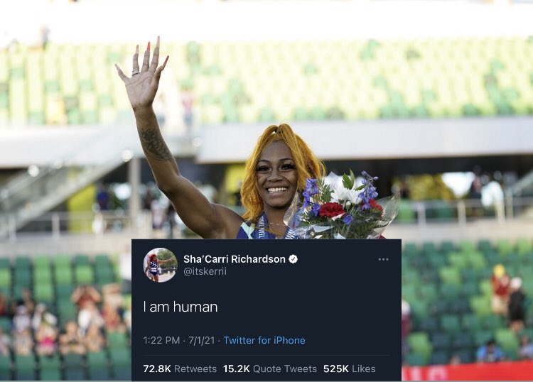 SaucedSad's tweet photo. Olympic athlete Sha’Carri Richardson suspended from Olympics after cannabis use to cope with her mother’s sudden death during this period. Celebs such as Seth Rogan, Drake, and Cardi B have taken a stand against what has happened to her. #Olympics #LetHerRun #ShacarriRichardson https://t.co/9LkfgcxkeW