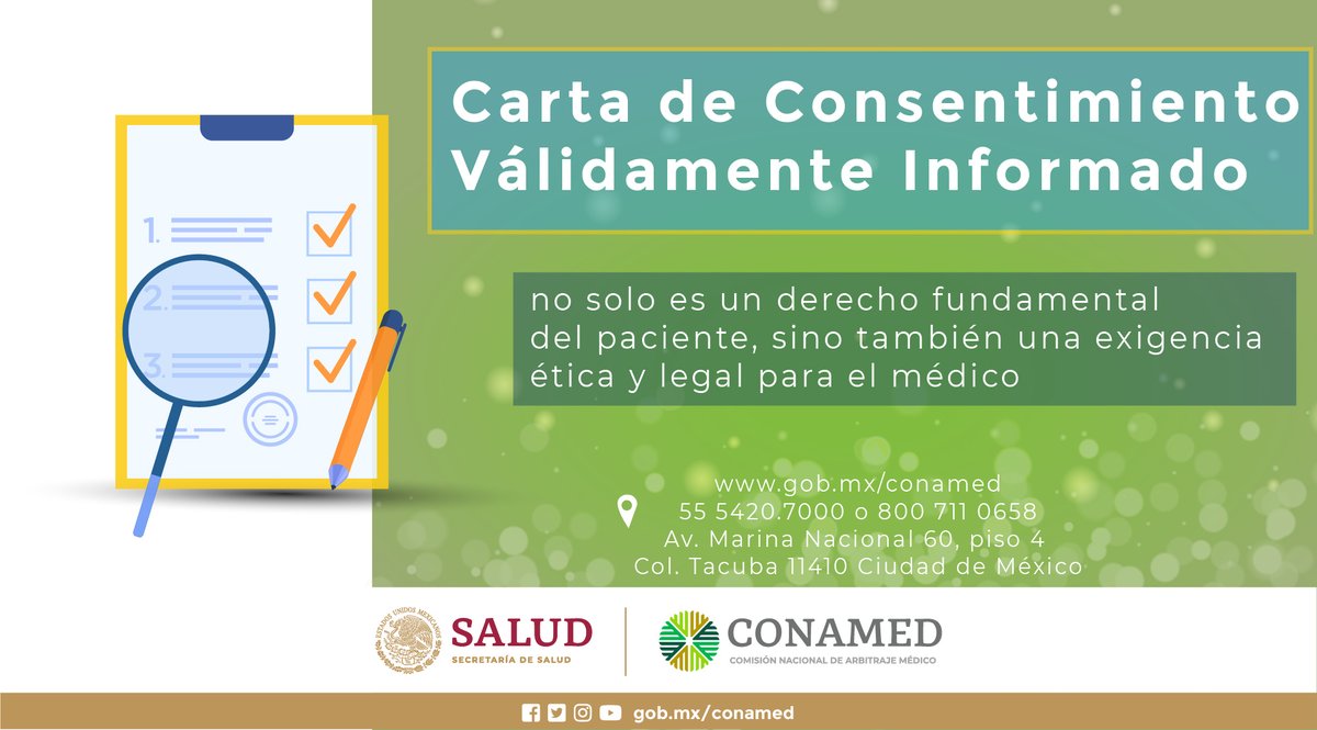 CONAMED_SALUD's tweet photo. ¿Eres profesional de la #Salud? esto te interesa 👉 🌐 https://t.co/HqHIXfeMVO

Carta de consentimiento válidamente informado

Conéctate, descarga, comparte y continúa con las #MedidasSanitarias. https://t.co/UeeBqNPdGd