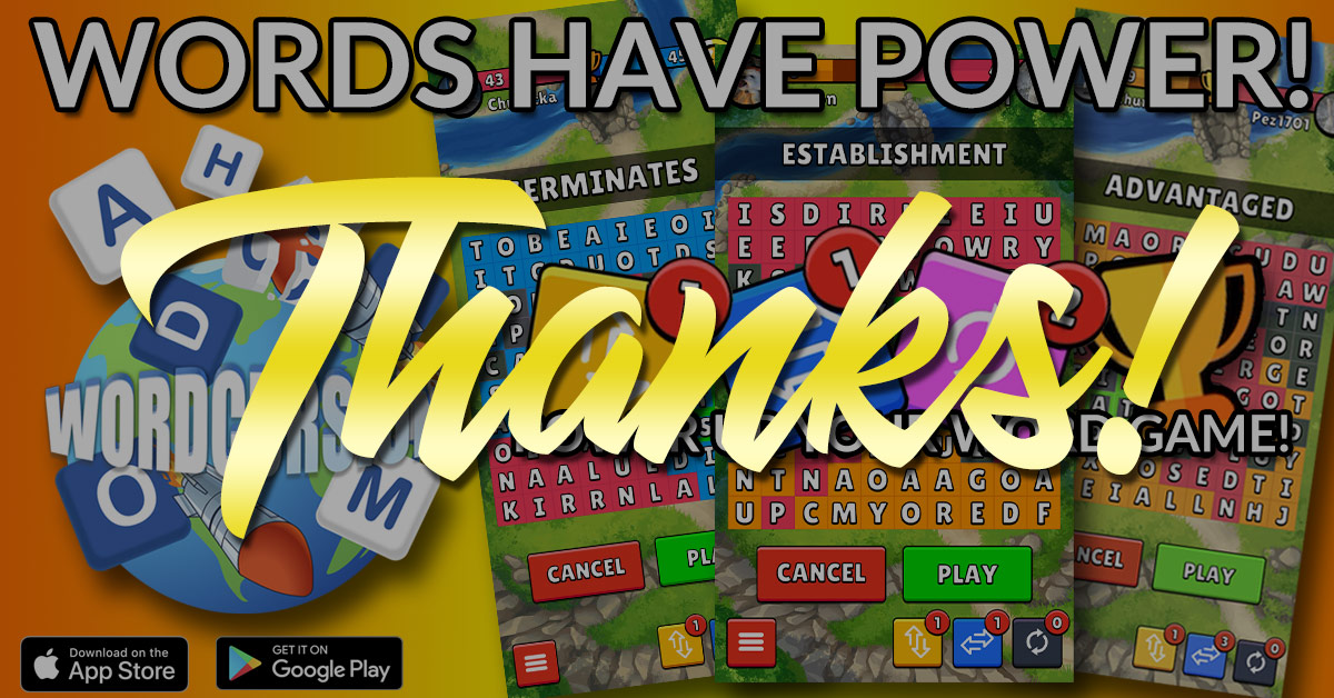 Wordcursion's tweet photo. Just want to say “Thanks!” to all you awesome @Wordcursion players! The game is taking off, and it’s all because of you. Especially thankful for the recent 5-star reviews we’ve received! That means so much to us.  #thankful #wordgames #wordfind #casualgames #mobilegames https://t.co/jIqL4l38hE