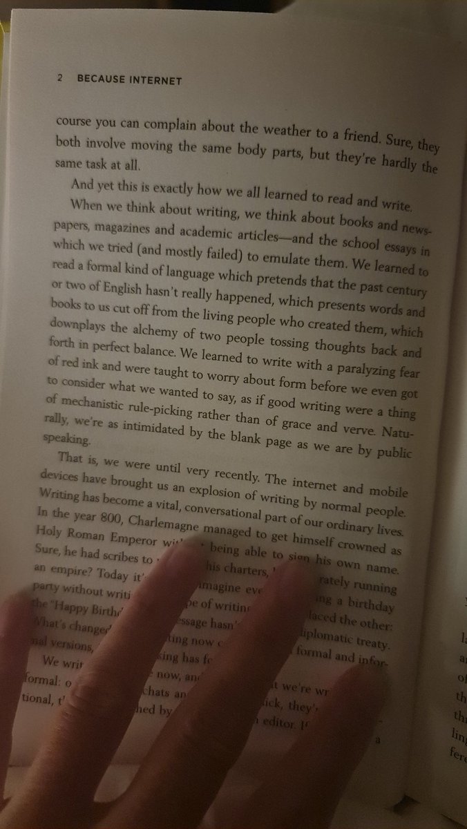 emilyjaneross's tweet photo. "The alchemy of two people tossing thoughts back and forth in perfect balance" is a gorgeous sentence. 
Re-reading #BecauseInternet again because it's brilliant. 
(Tho as someone who prefers to writing to talking, I disagree with @GretchenAMcC's particular take on writing fear :) https://t.co/VPwTgFkd2D