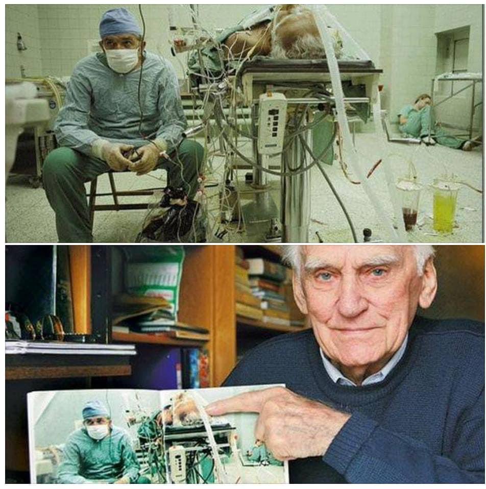 DrMoIbrahim's tweet photo. Top photo: Polish surgeon "Zbigniew Religa" resting after a long 23-hour (successful) heart transplant. His assistant is sleeping in the corner. 
Bottom photo: is the same patient decades after that.
#transplant https://t.co/A6QI7HUOle