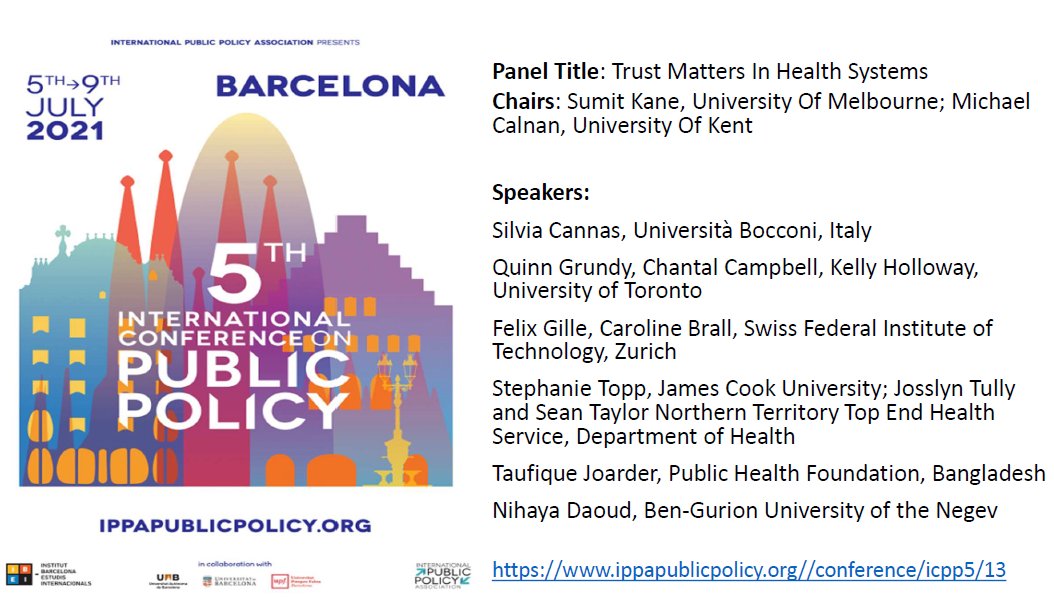 Looking fwd to an exciting panel to discuss 'Trust Matters In Health Systems' at ICPP5 with @globalstopp @QuinnGrundy @SilviaCannas @taufiquejoarder @NihayaDaoud @CarolineBrall @felix_gille Michael Calnan, Kelly Holloway, Josslyn Tully, Sean Taylor. ippapublicpolicy.org//conference/ic…