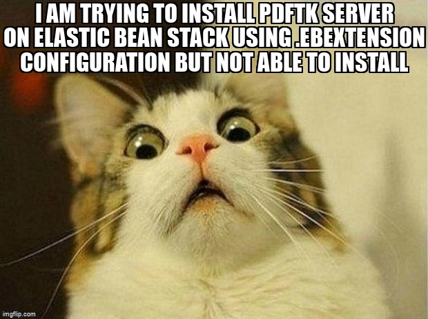 overflow_meme's tweet image. I am trying to install pdftk server on elastic bean stack using .ebextension configuration but not able to install stackoverflow.com/questions/6819… #pdftk #amazonelasticbeanstalk #ebextensions #nodejs #amazonec2
