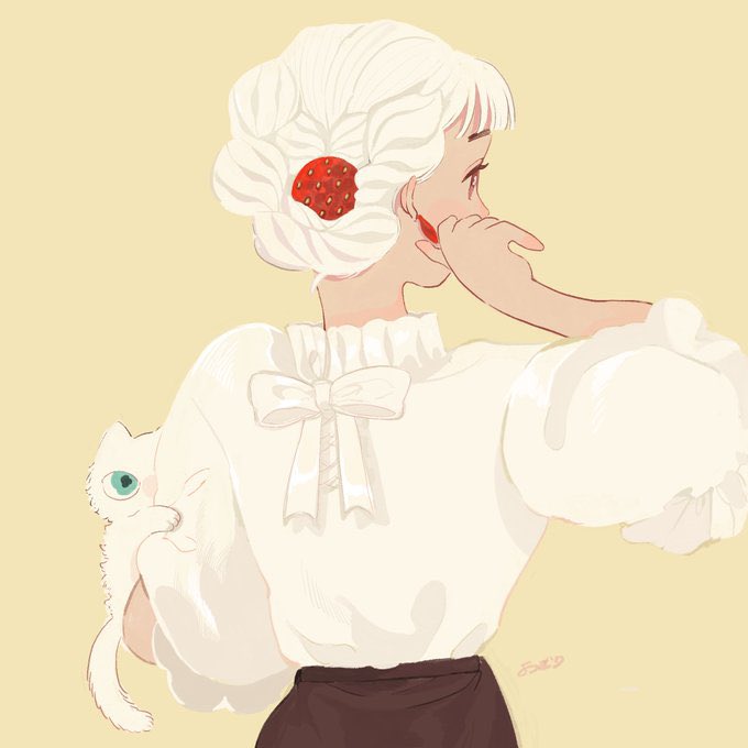 1girl white hair shirt solo white shirt cat simple background  illustration images