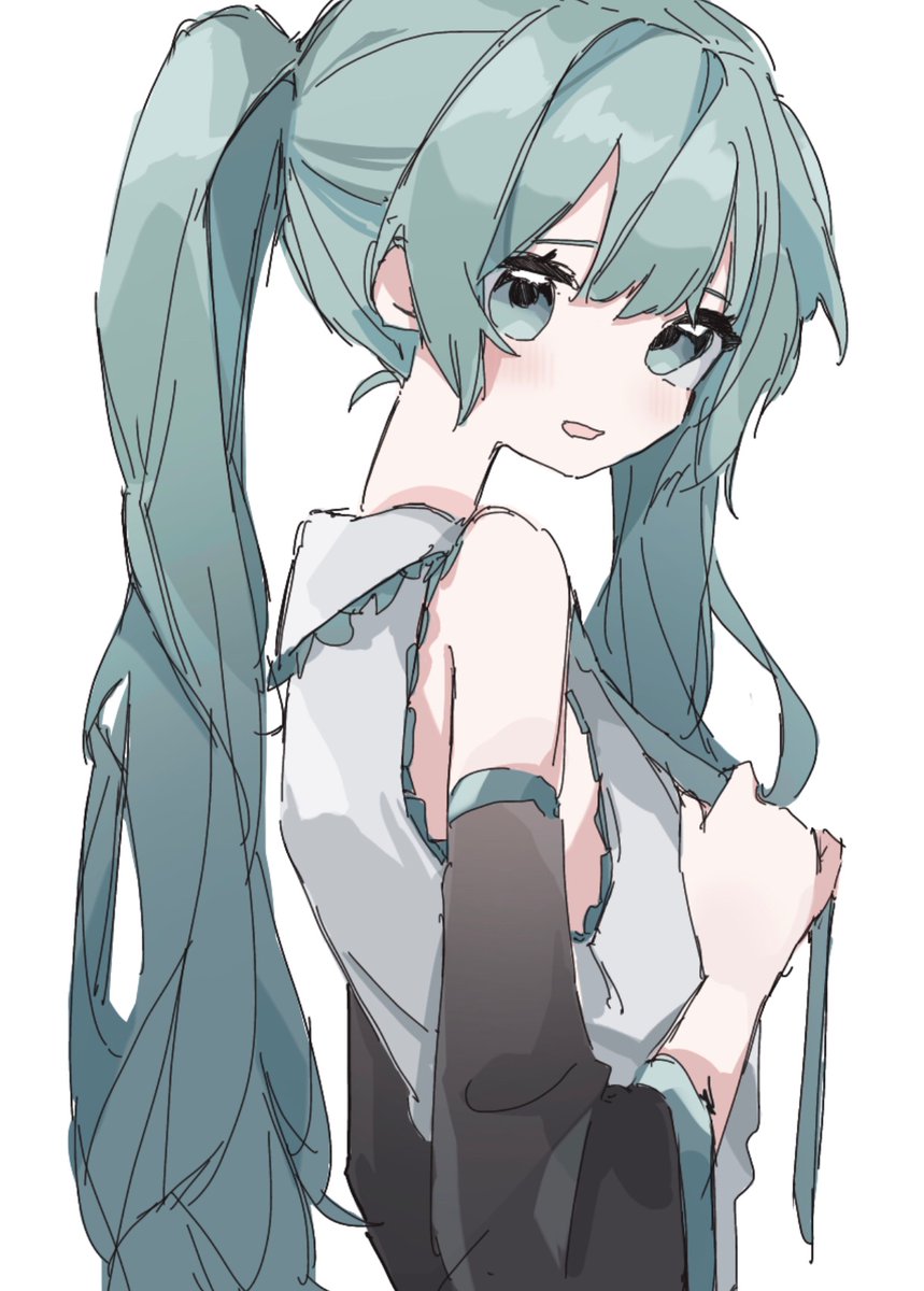 hatsune miku 1girl solo twintails long hair necktie detached sleeves head rest  illustration images