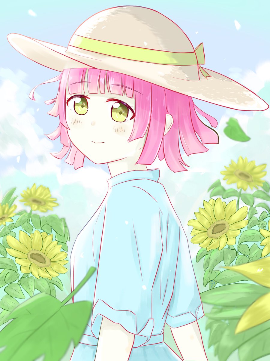 tennouji rina 1girl pink hair blunt ends flower solo hat yellow eyes  illustration images