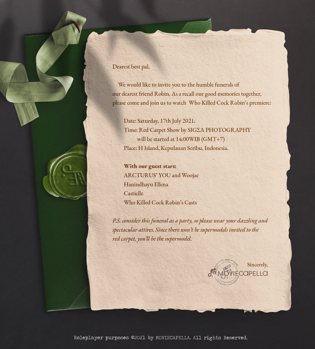 ⠀⠀⠀⠀ ⠀ 

MOVIECAPELLA’s

𝐖𝐇𝐎 𝐊𝐈𝐋𝐋𝐄𝐃 𝐂𝐎𝐂𝐊 𝐑𝐎𝐁𝐈𝐍
World Premiere

𝑰𝒏𝒗𝒊𝒕𝒂𝒕𝒊𝒐𝒏 
𝑅𝑒𝑝𝑜𝑛𝑑𝑒𝑧, 𝑠'𝑖𝑙 𝑣𝑜𝑢𝑠 𝑝𝑙𝑎𝑖̂𝑡. 

⠀⠀⠀⠀ ⠀