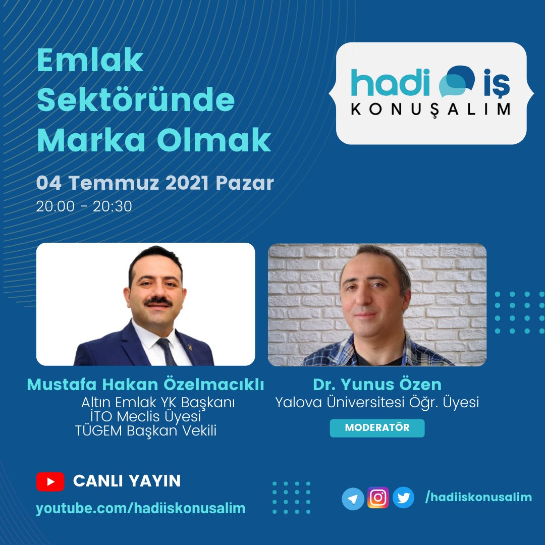 hadiiskonusalim's tweet photo. Altın Emlak YK Başkanı Mustafa Hakan Özelmacıklı ile emlak sektöründe marka olmayı konuşacağız. 
4 Temmuz Pazar 20:00 #hadiiskonusalim canlı yayınına bekliyoruz. https://t.co/pGbpEEeaAb  
@yunus @KemalettinSolm1 @altin_emlak
#emlak #arsa #arazi #tarla #altınemlak #emlakdanışmanı https://t.co/4TDz41dVmE