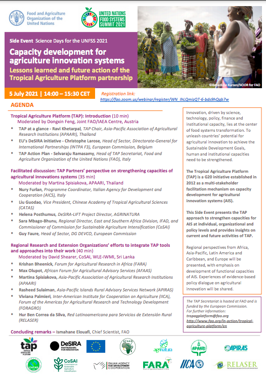 TAP_G20's tweet photo. 📣5 July 2pm CET
TAP Side Event at #UNFSS #ScienceDays about lessons learned &amp; future action on #CapacityDevelopment for #AgInnovation!

w/ @FAO @capacity4dev🇪🇺 #AFAAS @AgrinaturaEu @aics_it @APAARI #APIRAS #CATAS #CoSAI #FARA #IICA @RedRelaser

Register👉🏾 https://t.co/VZcoQaQjBd https://t.co/Yb3HNDQZGD