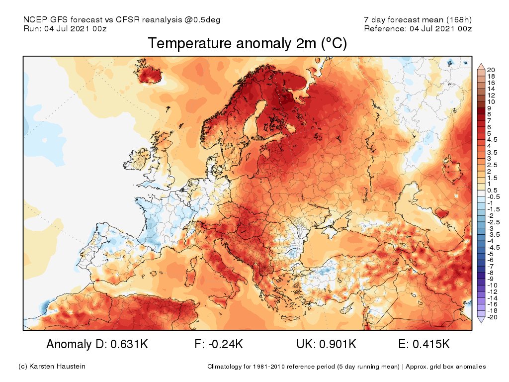 La semaine prochaine s'annonce encore assez loin du plein été avec des températures hebdomadaires légèrement inférieures aux normales prévues sur la France, avec la proximité d'un énième thalweg d'altitude. Dorsale très chaude du Maghreb au centre de l'Europe et en Scandinavie. 