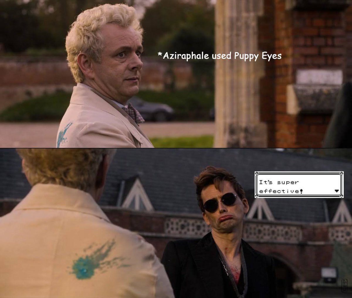 phcsheen's tweet photo. just imagine all the new opportunities Aziraphale will have to use his puppy eyes to make Crowley do something for him https://t.co/6a5RnXthDi