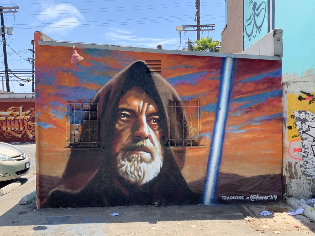 Honor719's tweet photo. Recent Obi-Wan Kenobi wall in Venice CA with Trade for @VeniceArtCrawl #venicebeach #usetheforce #graffitiart https://t.co/mM3zA4dnI2