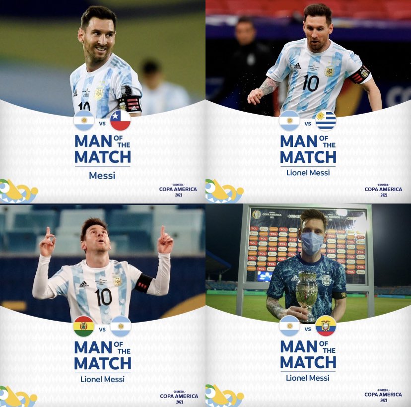 Messi 4 kali Man Of The Match :

Vs Chile, Uruguay, Bolivia dan Ekuador.