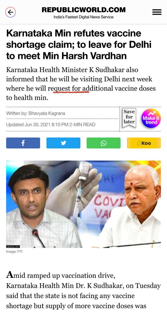 DKShivakumar's tweet photo. A short story in four headlines. 
#KarnatakaVaccinationChallenege https://t.co/p2mnRegBSC