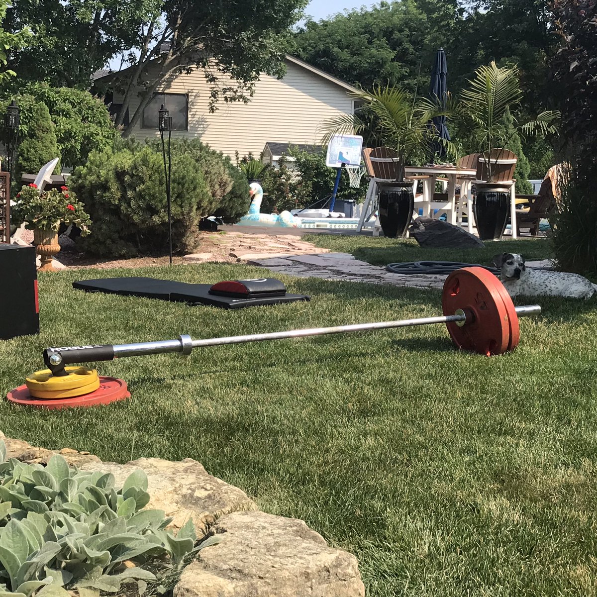 UM86's tweet photo. 2nd 1/2 of 1st backyard #workout this summer quitethe popurrie #sandbagtoss 125# #kettlebell swings 70# #battleropes #landminesquats 90# #corehammer swings 20โ #boxstepups with 20lb #heavyball #dumbbellsnatch 50# 300 #situps 1/4mile sprint then swam 1/8th of a mile #fitness https://t.co/nZ5zwNKmno